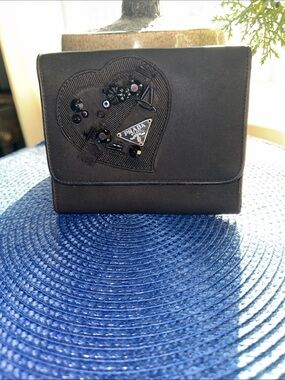 Prada Black I Beaded Heart Nylon Compact Wallet